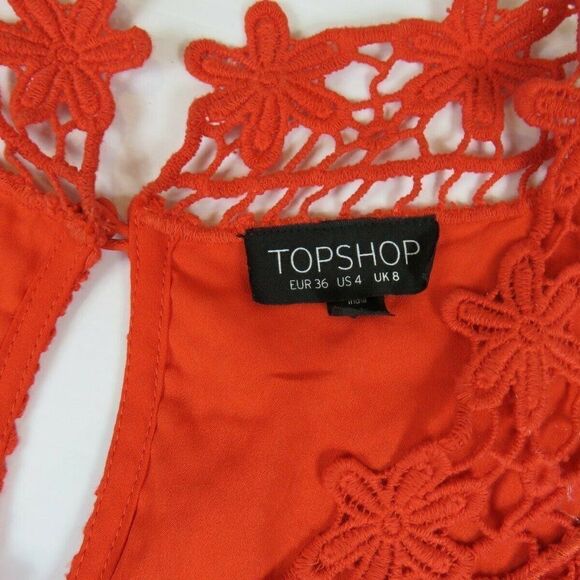 TOPSHOP Dress Floral Crochet Orange Lined V-Neck Mini Sleeveless Women's Size 4 - Picture 4 of 10